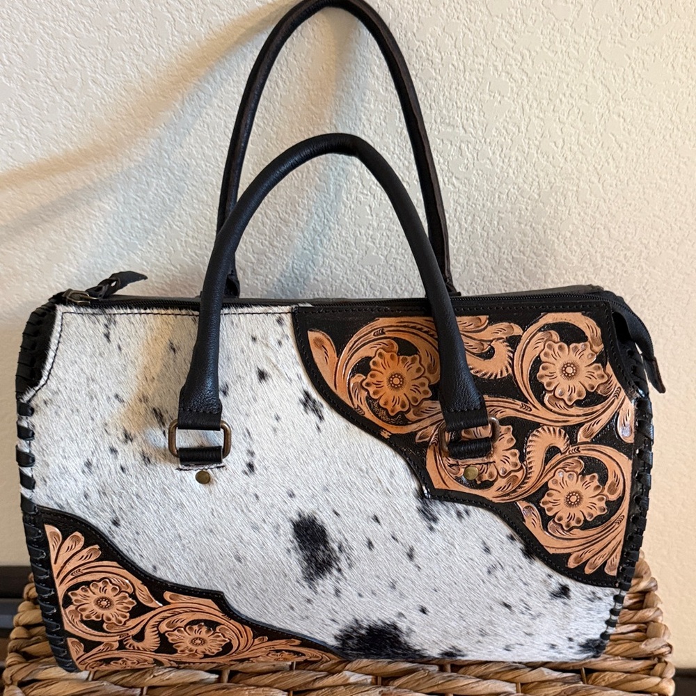 Myra Bag Black & White Haircalf Satchel with Tan Tooled Floral Accents